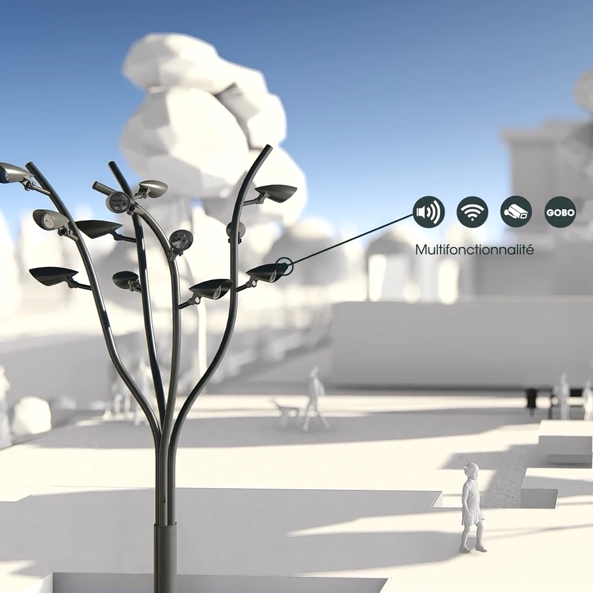 Mise en situation 3D d'un luminaire urbain multifonction avec sonorisation, Wi-Fi, vidéoprotection et projection