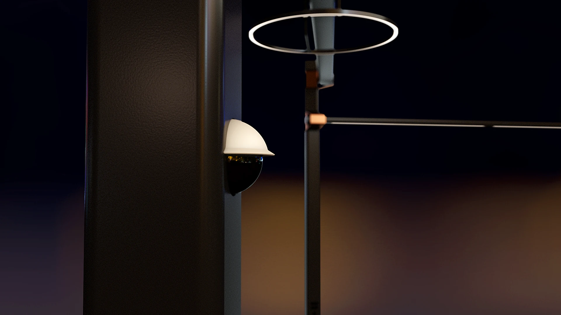Vue 3D nocturne d’une caméra intégrée à un luminaire urbain